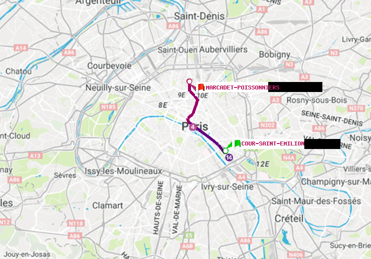 plan itinéraire ratp de Cour Saint-Emilion à Marcadet-Poissonniers
