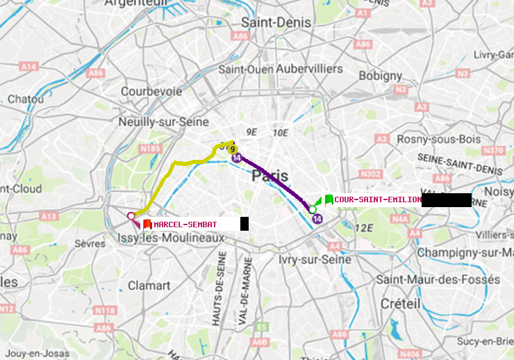 plan itinéraire ratp de Cour Saint-Emilion à Marcel Sembat