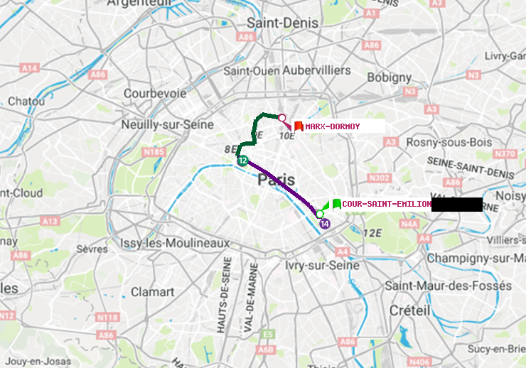 plan itinéraire ratp de Cour Saint-Emilion à Marx-Dormoy