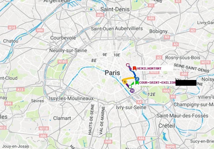 plan itinéraire ratp de Cour Saint-Emilion à Ménilmontant