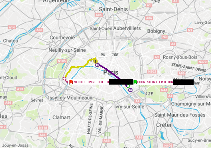 plan itinéraire ratp de Cour Saint-Emilion à Michel-Ange-Auteuil