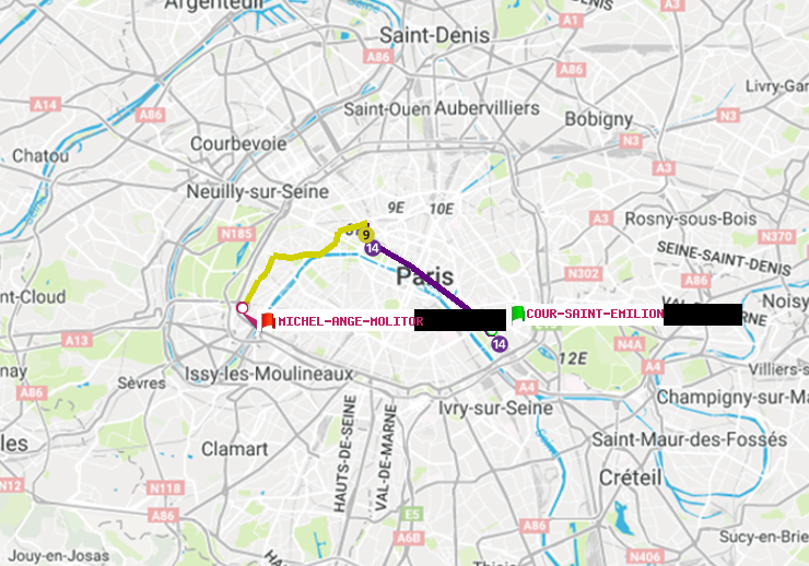 plan itinéraire ratp de Cour Saint-Emilion à Michel-Ange-Molitor