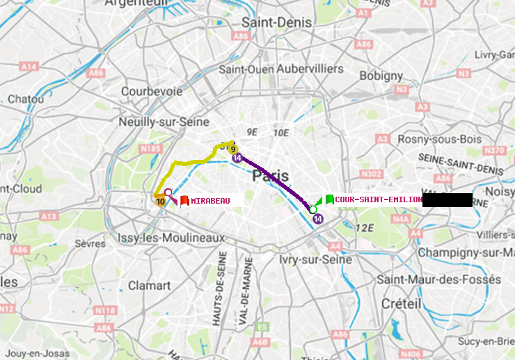 plan itinéraire ratp de Cour Saint-Emilion à Mirabeau