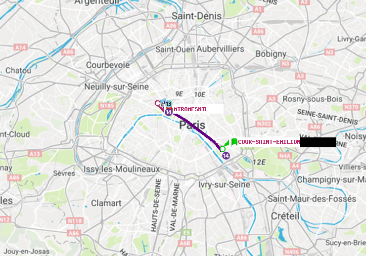 plan itinéraire ratp de Cour Saint-Emilion à Miromesnil