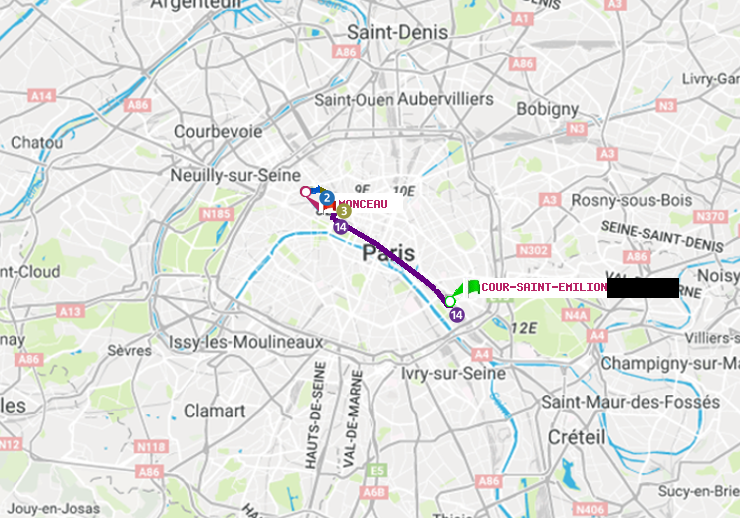 plan itinéraire ratp de Cour Saint-Emilion à Monceau