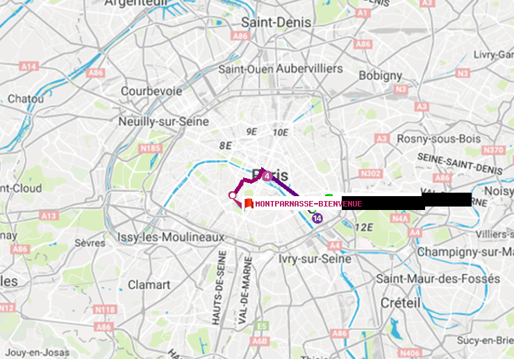 plan itinéraire ratp de Cour Saint-Emilion à Montparnasse-Bienvenue