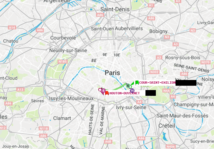 plan itinéraire ratp de Cour Saint-Emilion à Mouton-Duvernet