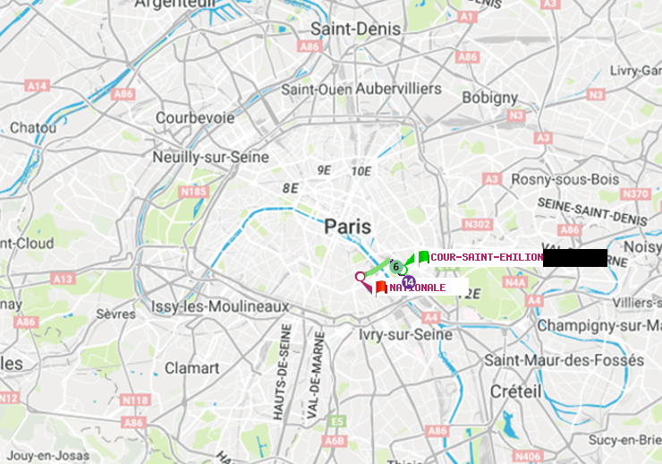 plan itinéraire ratp de Cour Saint-Emilion à Nationale