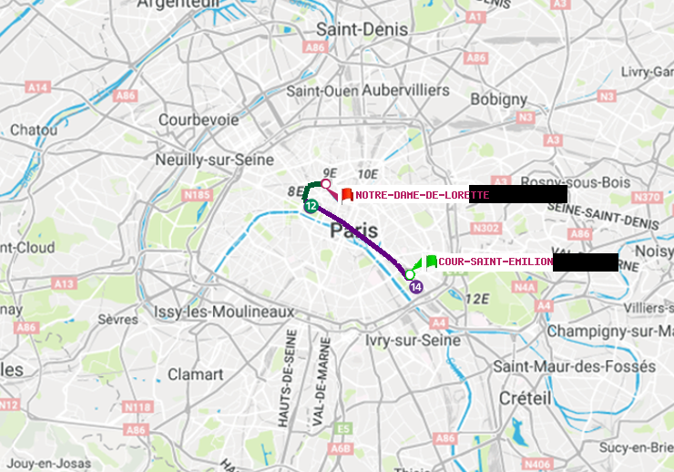 plan itinéraire ratp de Cour Saint-Emilion à Notre-Dame de Lorette
