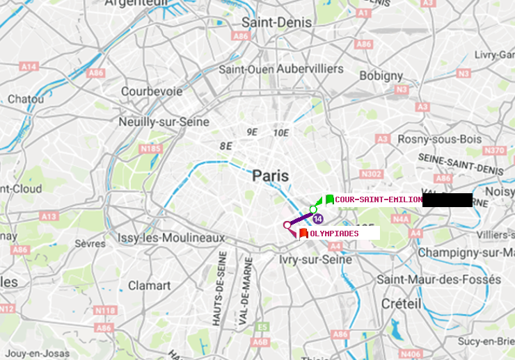 plan itinéraire ratp de Cour Saint-Emilion à Olympiades