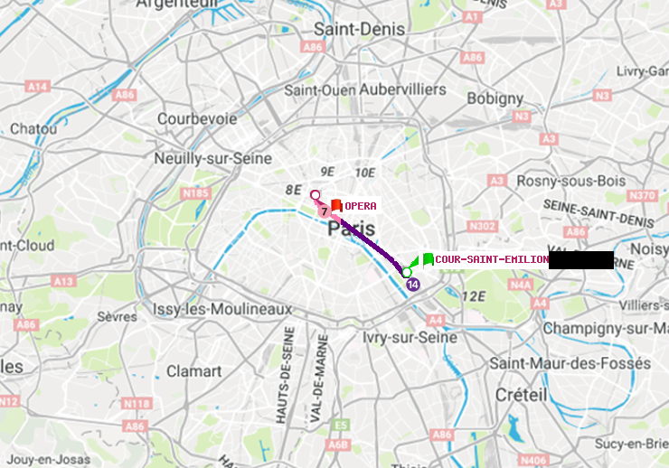 plan itinéraire ratp de Cour Saint-Emilion à Opéra