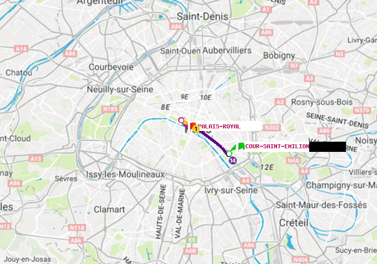 plan itinéraire ratp de Cour Saint-Emilion à Palais-Royal (Musée du Louvre)