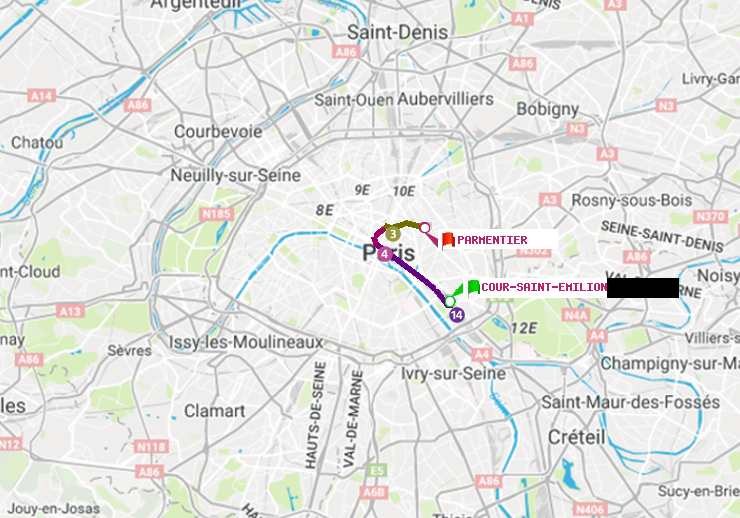 plan itinéraire ratp de Cour Saint-Emilion à Parmentier