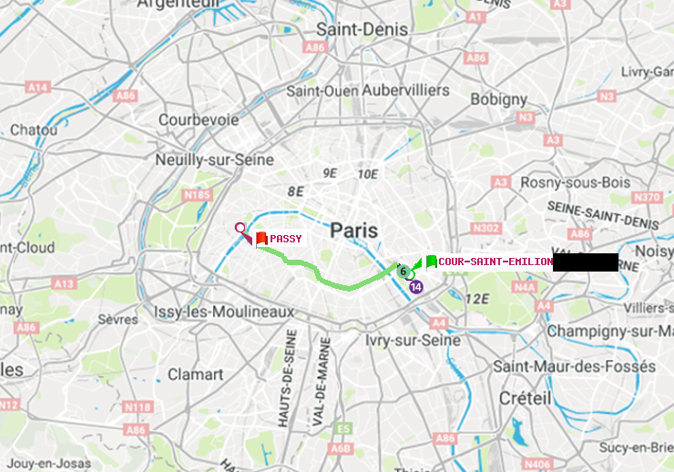 plan itinéraire ratp de Cour Saint-Emilion à Passy