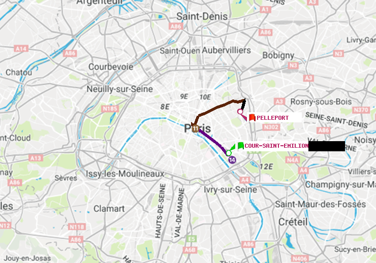 plan itinéraire ratp de Cour Saint-Emilion à Pelleport