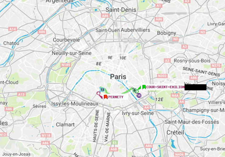 plan itinéraire ratp de Cour Saint-Emilion à Pernety