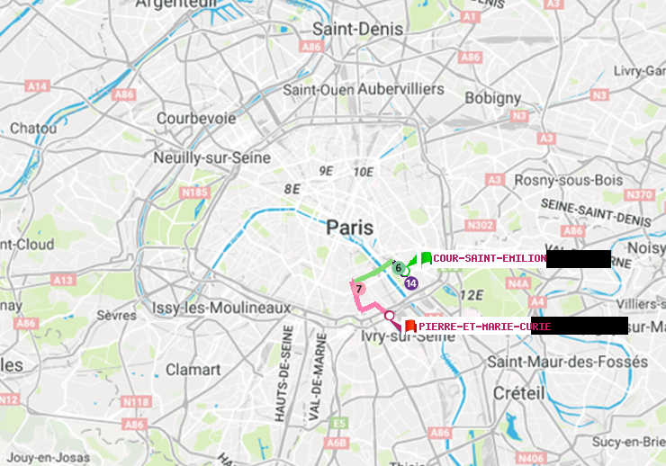 plan itinéraire ratp de Cour Saint-Emilion à Pierre et Marie Curie