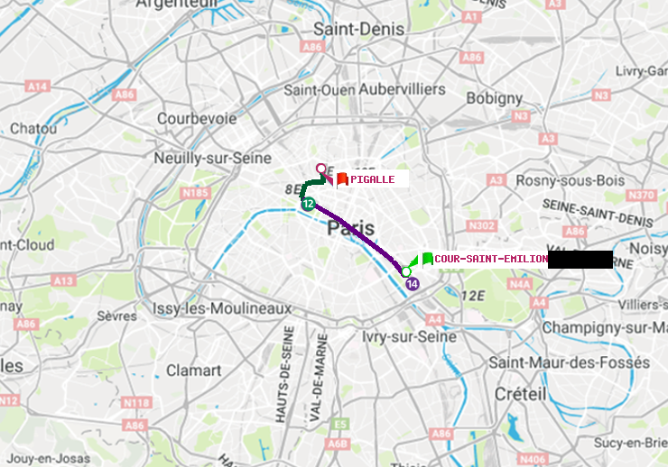 plan itinéraire ratp de Cour Saint-Emilion à Pigalle