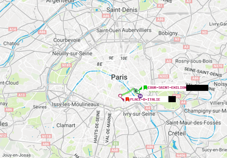 plan itinéraire ratp de Cour Saint-Emilion à Place d