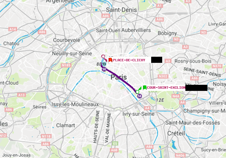 plan itinéraire ratp de Cour Saint-Emilion à Place de Clichy