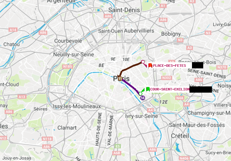 plan itinéraire ratp de Cour Saint-Emilion à Place des Fêtes