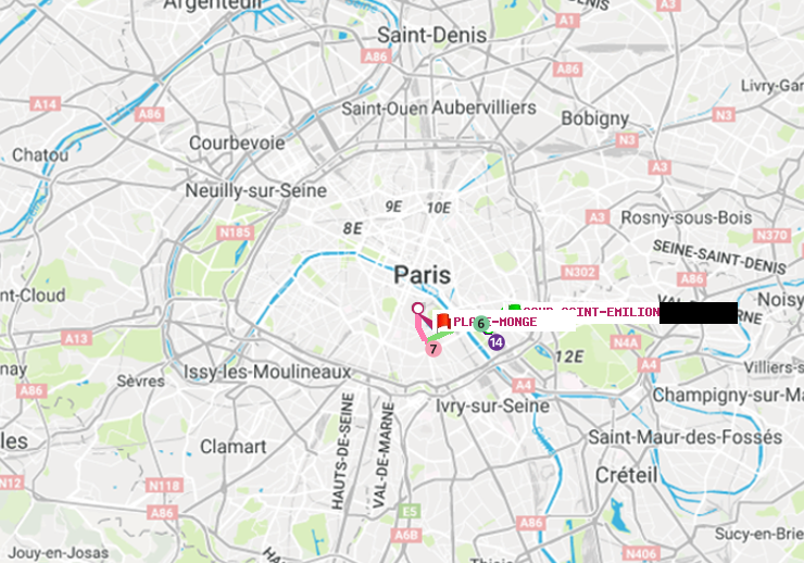 plan itinéraire ratp de Cour Saint-Emilion à Place Monge (Jardin des Plantes)