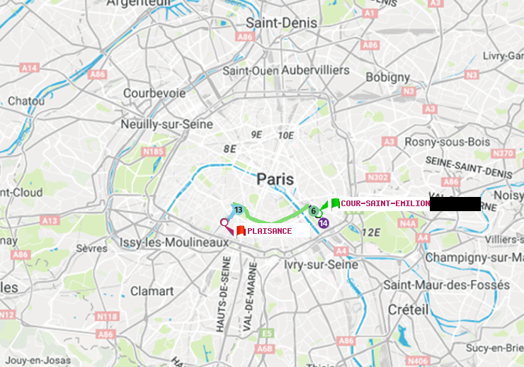 plan itinéraire ratp de Cour Saint-Emilion à Plaisance