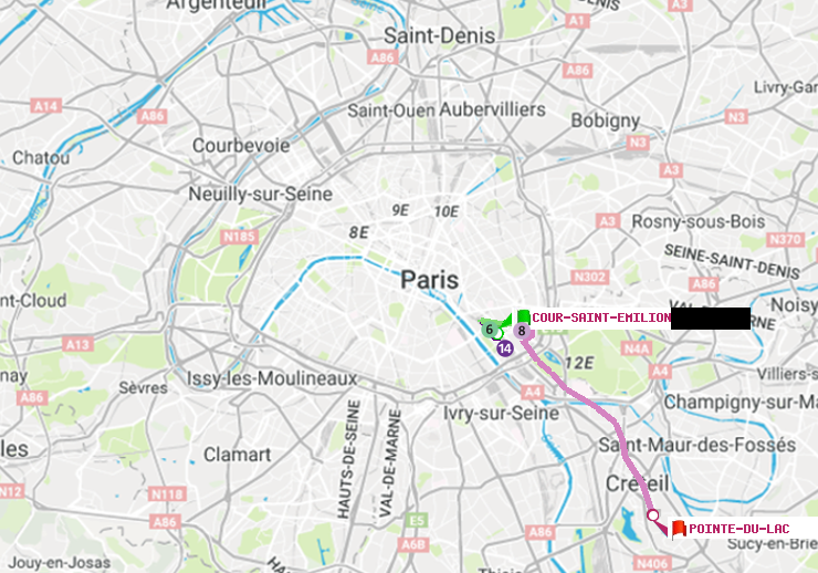 plan itinéraire ratp de Cour Saint-Emilion à Pointe du Lac