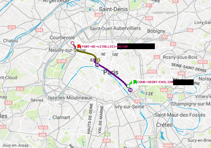 plan itinéraire ratp de Cour Saint-Emilion à Pont de Levallois-Bécon