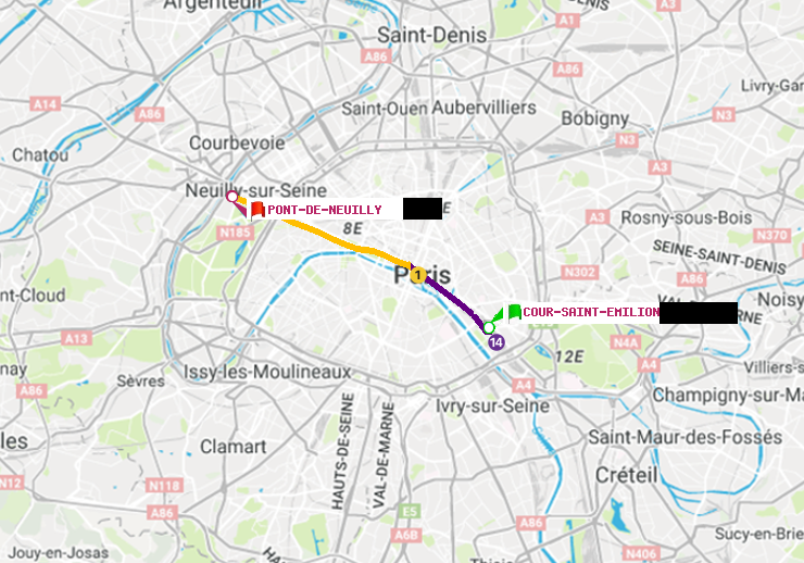 plan itinéraire ratp de Cour Saint-Emilion à Pont de Neuilly