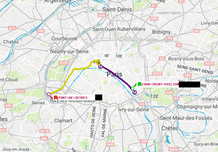 plan itinéraire ratp de Cour Saint-Emilion à Pont de Sèvres