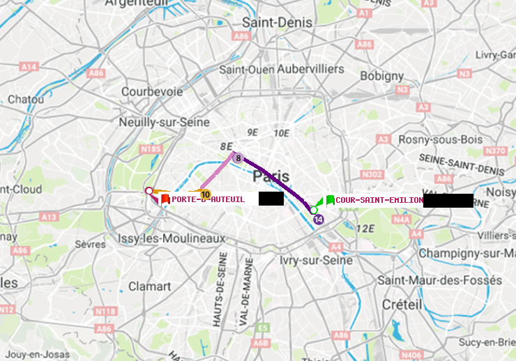 plan itinéraire ratp de Cour Saint-Emilion à Porte d