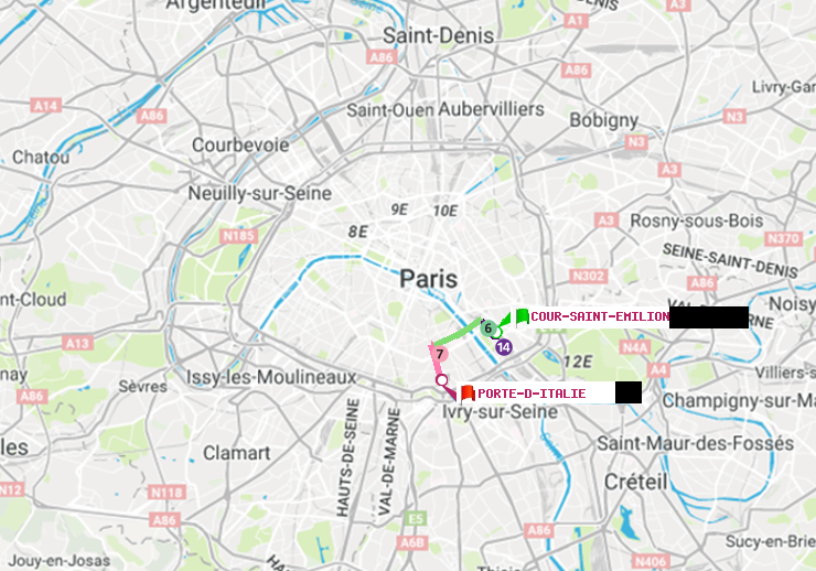 plan itinéraire ratp de Cour Saint-Emilion à Porte d