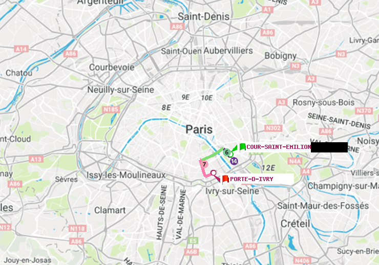 plan itinéraire ratp de Cour Saint-Emilion à Porte d