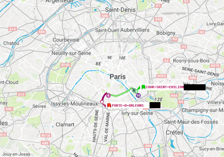 plan itinéraire ratp de Cour Saint-Emilion à Porte d