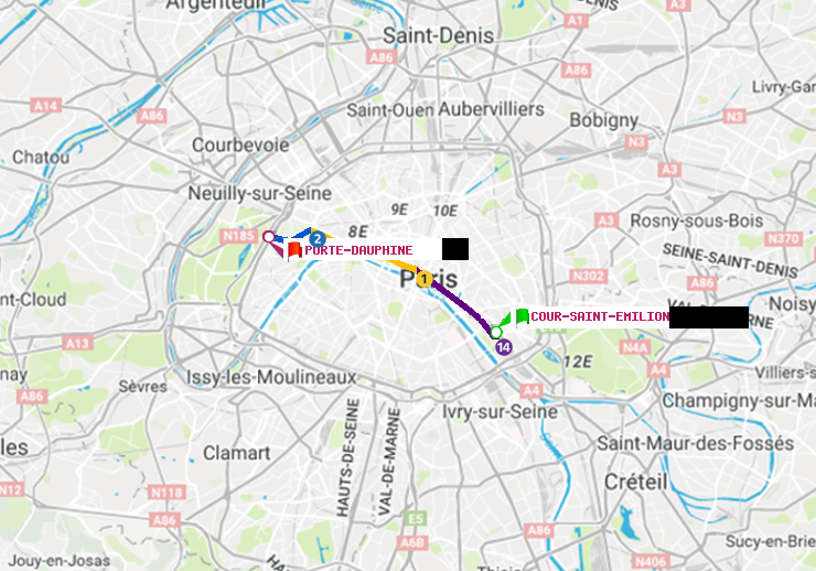 plan itinéraire ratp de Cour Saint-Emilion à Porte Dauphine (Maréchal de Lattre de Tassigny)