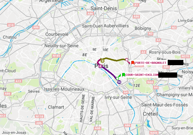 plan itinéraire ratp de Cour Saint-Emilion à Porte de Bagnolet