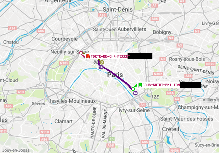 plan itinéraire ratp de Cour Saint-Emilion à Porte de Champerret
