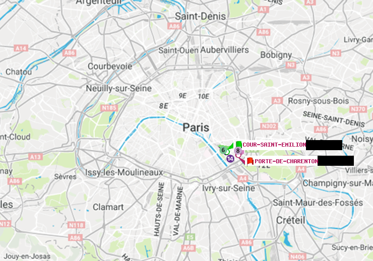 plan itinéraire ratp de Cour Saint-Emilion à Porte de Charenton
