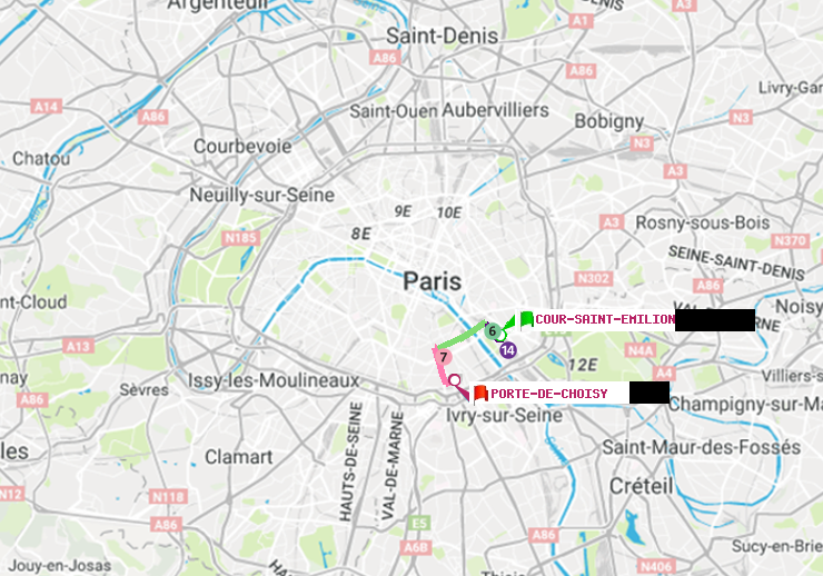 plan itinéraire ratp de Cour Saint-Emilion à Porte de Choisy