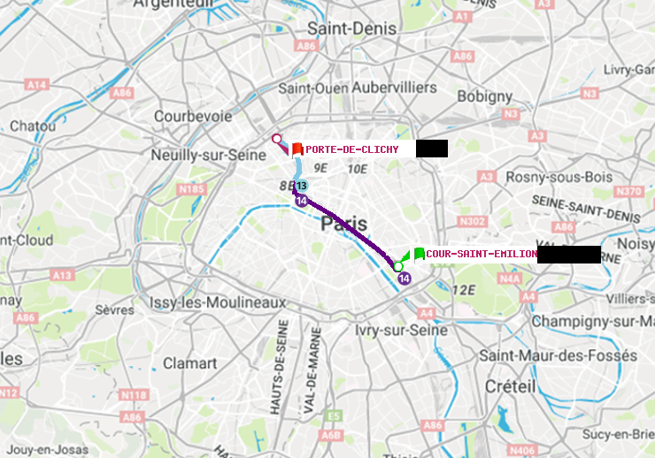 plan itinéraire ratp de Cour Saint-Emilion à Porte de Clichy