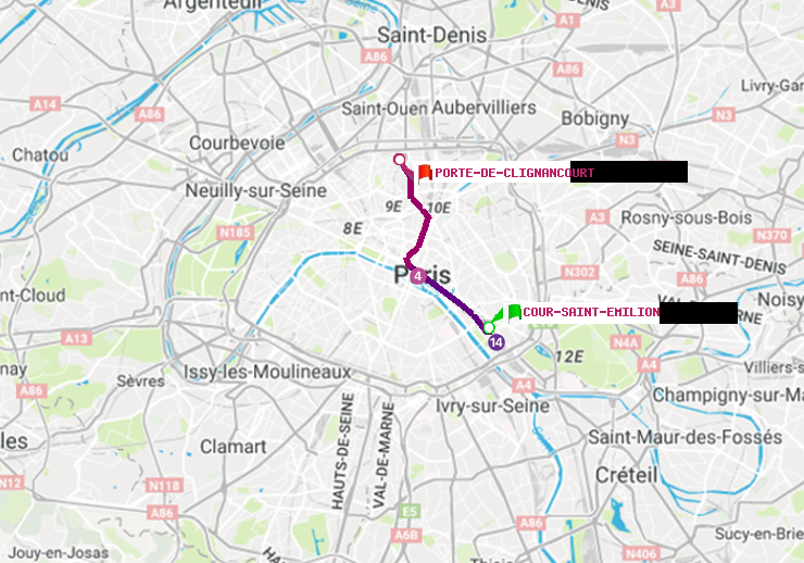 plan itinéraire ratp de Cour Saint-Emilion à Porte de Clignancourt