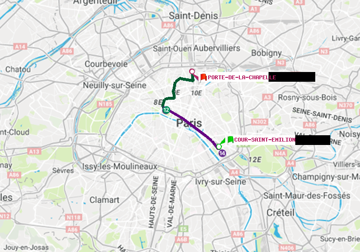 plan itinéraire ratp de Cour Saint-Emilion à Porte de la Chapelle