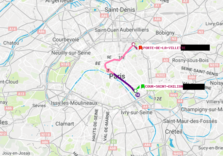 plan itinéraire ratp de Cour Saint-Emilion à Porte de la Villette