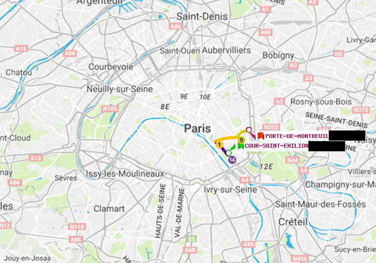 plan itinéraire ratp de Cour Saint-Emilion à Porte de Montreuil