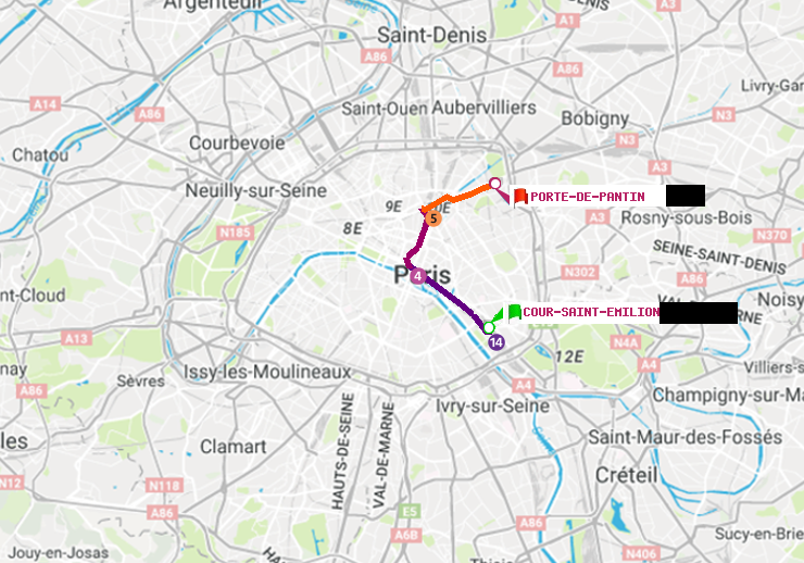 plan itinéraire ratp de Cour Saint-Emilion à Porte de Pantin