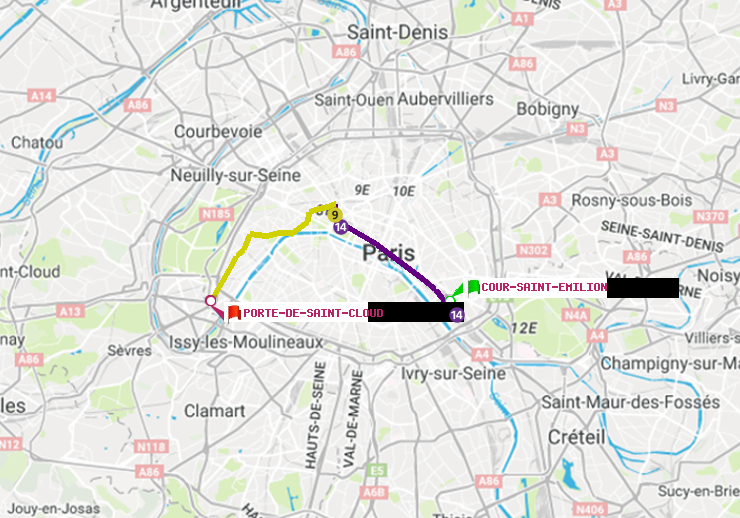 plan itinéraire ratp de Cour Saint-Emilion à Porte de Saint-Cloud