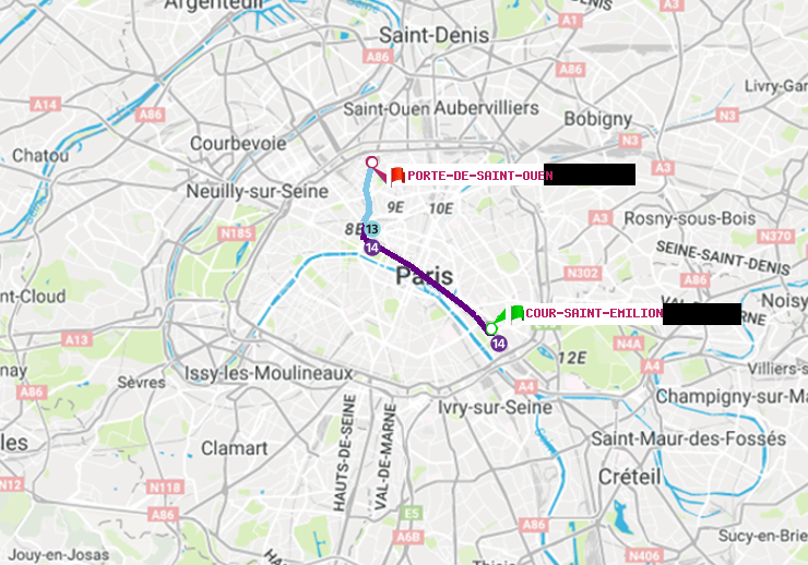 plan itinéraire ratp de Cour Saint-Emilion à Porte de Saint-Ouen