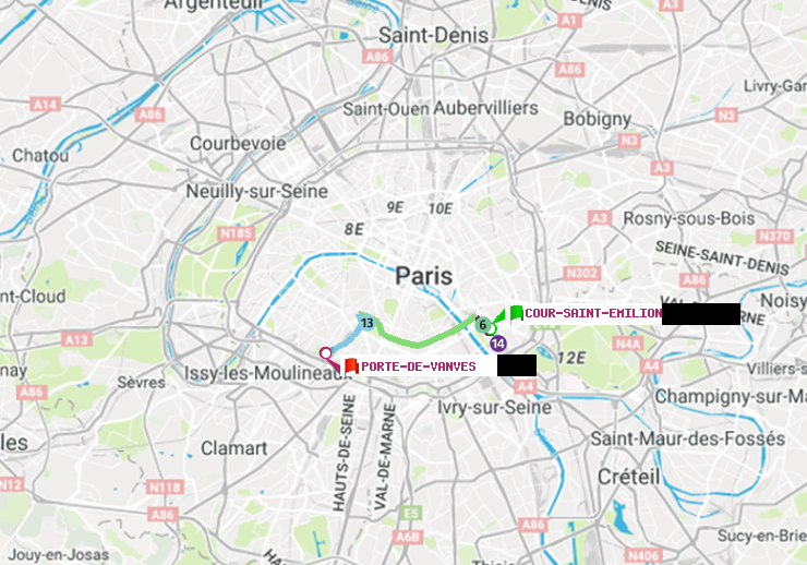 plan itinéraire ratp de Cour Saint-Emilion à Porte de Vanves