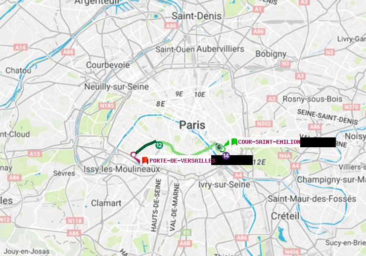 plan itinéraire ratp de Cour Saint-Emilion à Porte de Versailles
